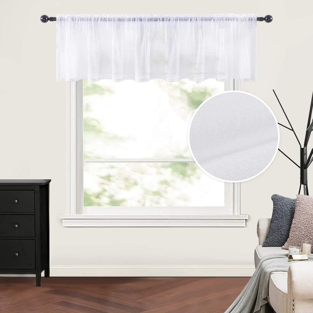 MIULEE Solid White Kitchen Sheer Valance Linen Look Window Curtain Living Room Windows Voile Valance Rod Pocket 1 Panels 60 W x 18 L
