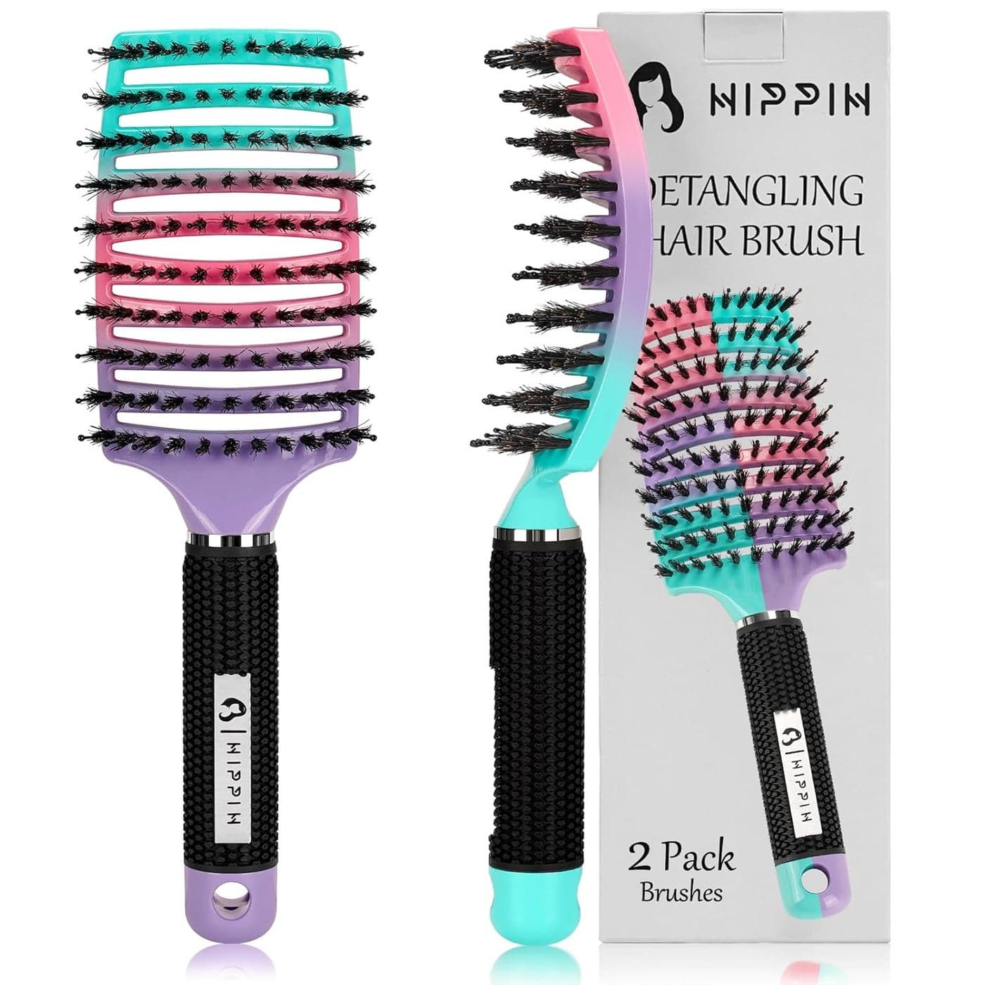 Hair Brushes for Women 2 Pack HIPPIH Detangler Hair brush for Adult Kids Wet or Dry Hair Boar Bristle Hair Brush Getting Knots Out without Pain Adds Shine and Makes Hair Smooth