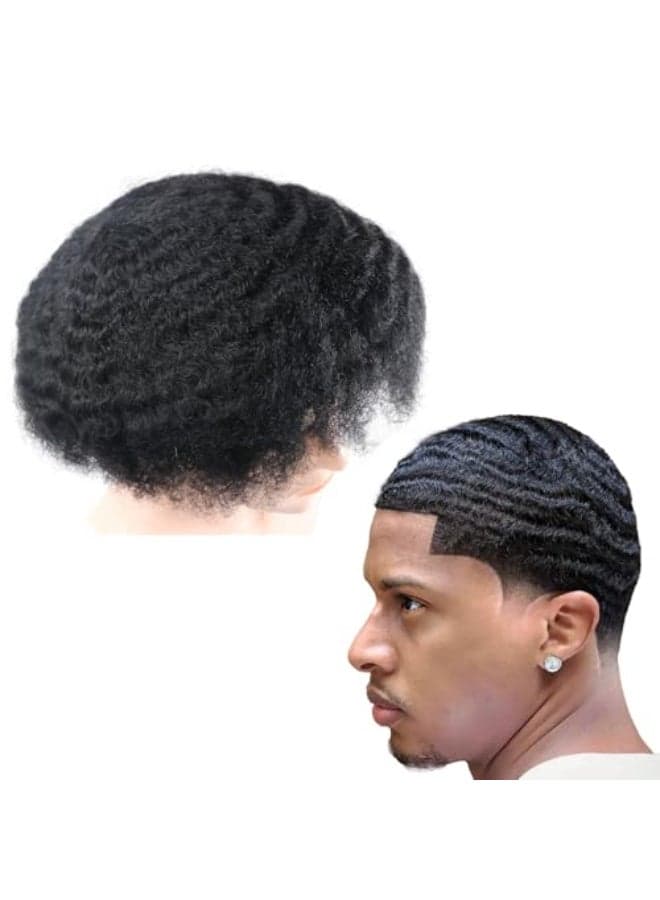 lumeng Men Unit Short Afro Kinky Curly Male Toupee Human Hair Wigs 10MM Mens Wave Kinky Curly Full Lace Wig for Men Hair Piece 8x10inch Lace Replacement Systems 1 Jet Black