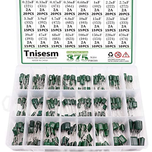 Tnisesm 375 Pcs 24 Value Metalized Mylar Polyester Film Capacitors Assortment Kit 0.22nF - 470nF 100V in a Box Tn-20-4