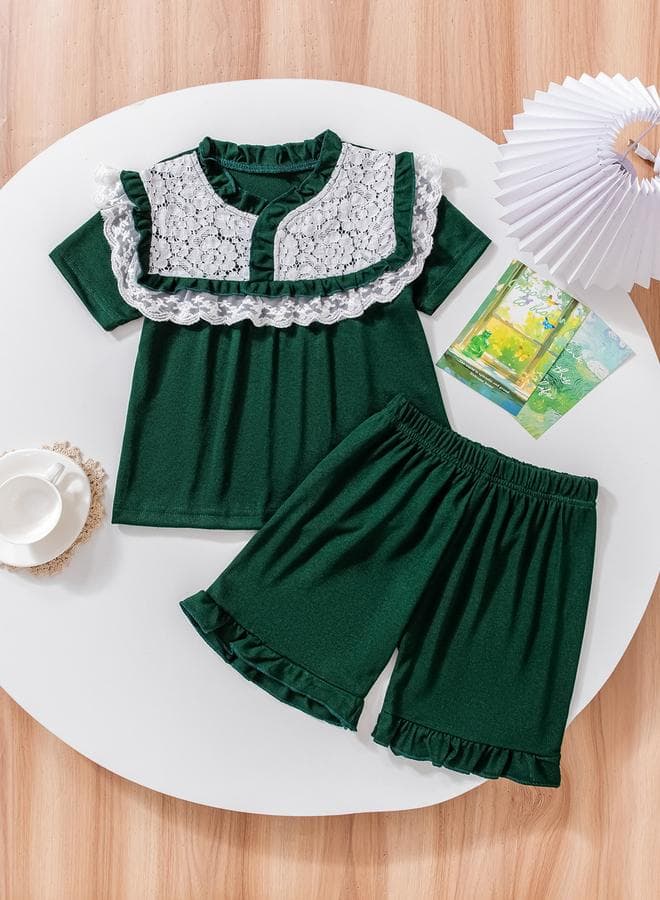 Girls Green Lace Trim Top With Shorts Pyjama Set