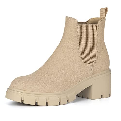 Athlefit Women's Chelsea Boots Fashion Lug Sole Chunky Heel Slip on Elastic Ankle Nude Booties Size 7