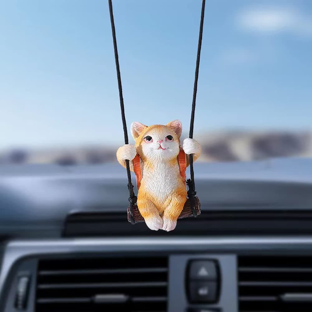 AMIORO Cute Swinging Cat Car Mirror Hanging Accessories Fun Interior Rearview Mirrors Decoration Orange Cat