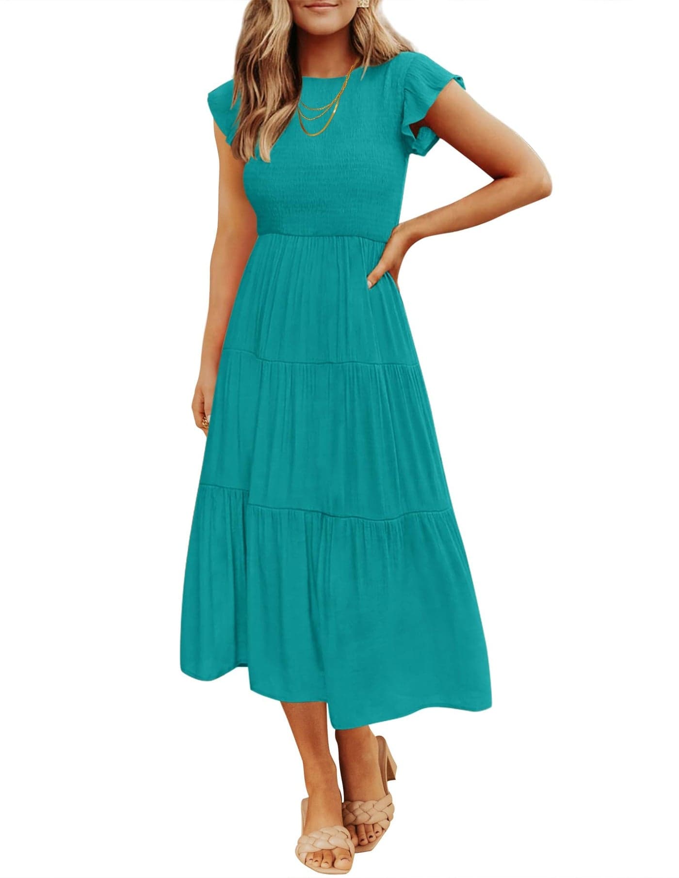 ZESICA Womens 2025 Summer Casual Flutter Short Sleeve Crew Neck Smocked Elastic Waist Tiered Midi DressPeacockMedium