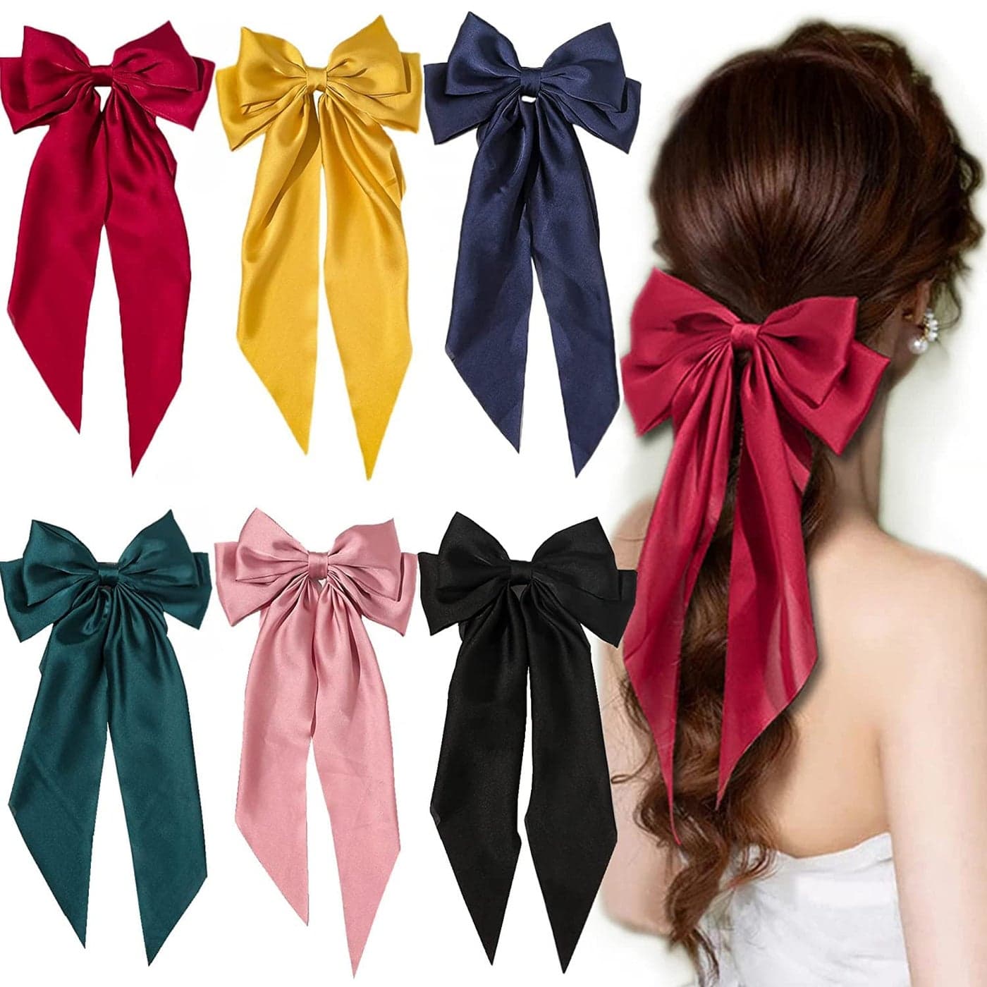 WHISKET Satin Large Hair Bows Giant Bow Hair Clips French Barrettes with Long Silky Ribbon Bowknot Bun Ponytail Holder Accessories for Women Lady Girl color may very 6