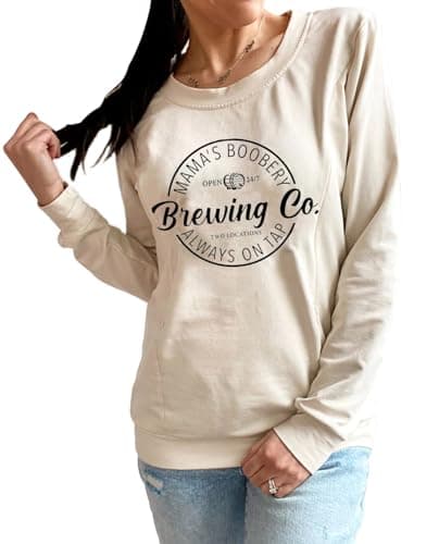AEARGIV Women Causal Maternity Nursing Sweatshirt Comfort Friendly Zip Breastfeeding Pullover Tops Mama's Boobery Sweater(M, Cream 1)
