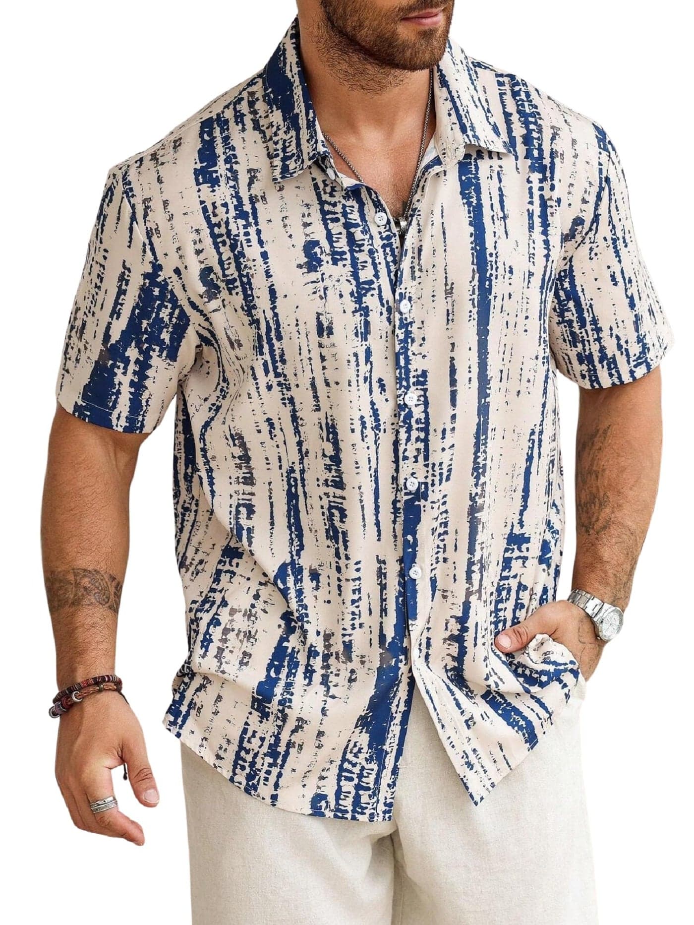 Lymio Mens Clothing Cotton Regular Fit Printed Casual Shirt Beige Blue (Tiedite-Cream-Blue-2XL)