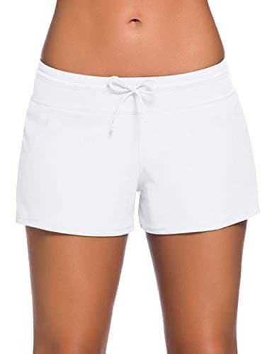 ChinFun Board Shorts Women's Swimswear Tankini Swim Briefs Side Split Swimsuit Bottom Waistband Stretch Boardshorts Beach Trunks Inner Lining White Size S