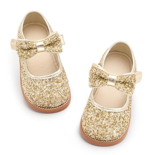 PHIRAMIN Toddler Girl Glitter Gold Oxford Dress Shoes Size 7 Little Girl School Uniform Shoes for Wedding Party