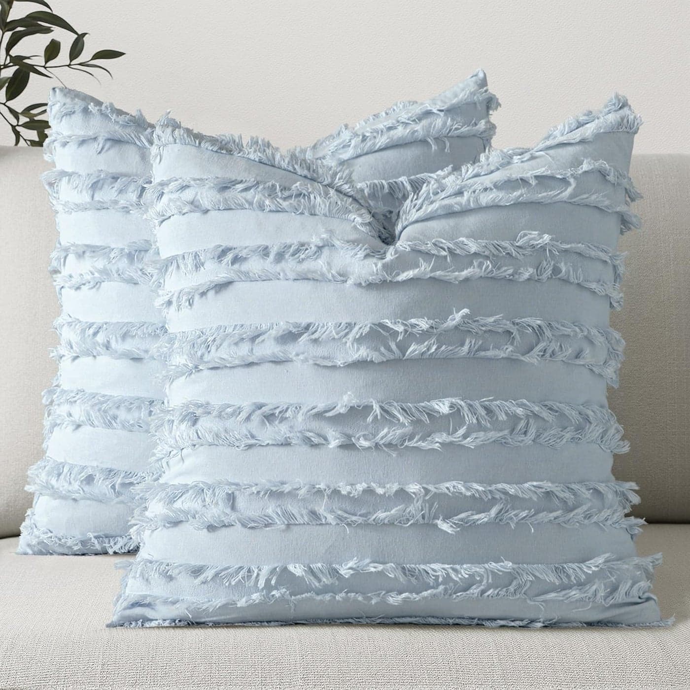MIULEE Decorative Boho Throw Pillow Covers Set of 2 Light Blue Linen Striped Jacquard Pattern Summer Coastal Cushion Covers for Sofa Couch Living Room Bedroom 18x18 Inch