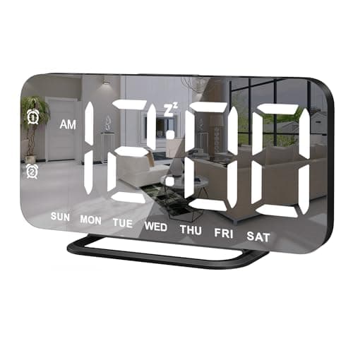 Slim LED Digital Alarm Clock Mirror Surface for Makeup with Diming Large Display Easy Setting USB Ports Modern Decor for Bedroom Desk Idea Holiday Gift for Women Sister College Girl Black