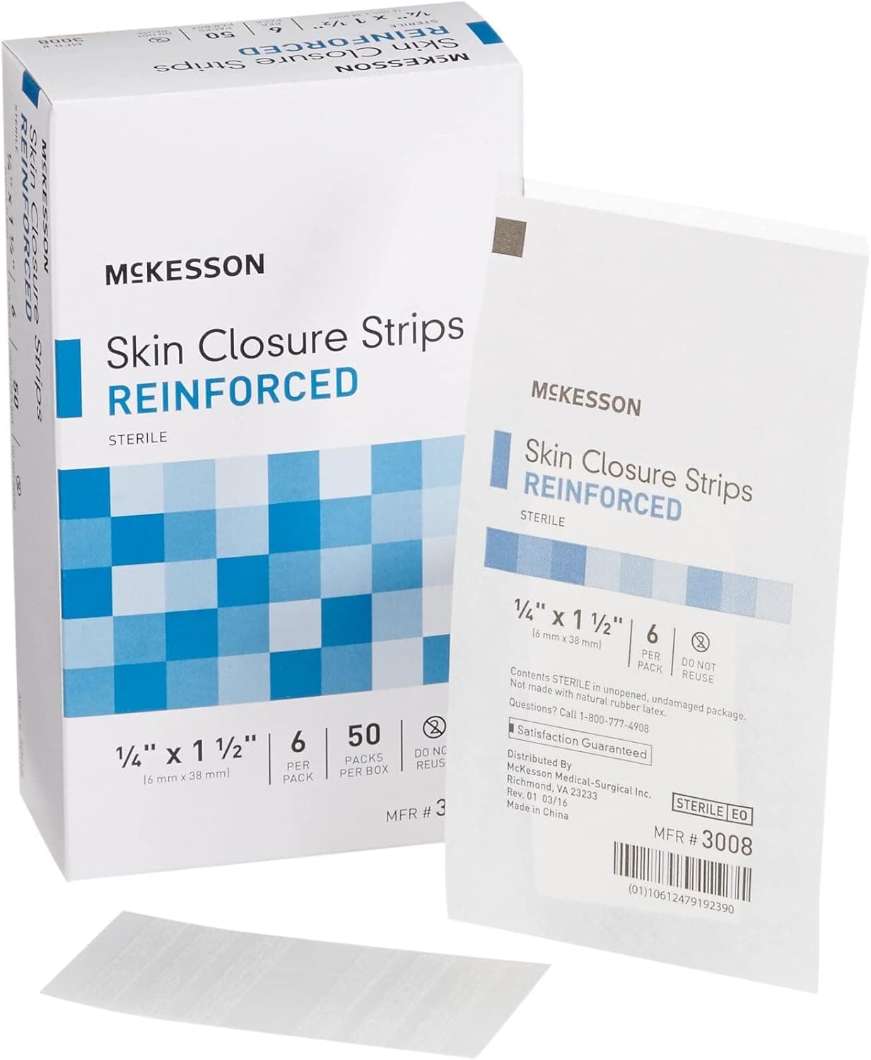 McKesson Skin Closure Adhesive Strips Reinforced Steri Strip for Wound Care 14 in x 1 12 in 6 Per Pack 50 Packs 300 Total