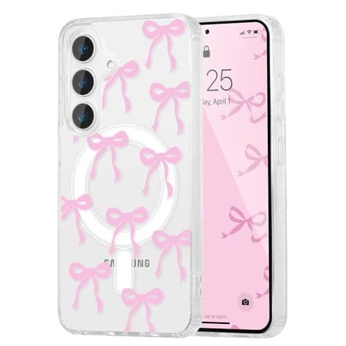 UEEBAI Magnetic for Samsung Galaxy A56 5G Case, Bow Case Compatible with MagSafe, Wireless Slim Clear Ribbon Aesthetic Phone Cover Anti-Yellowing Shockproof Protective Cover for Women Girl - Pink