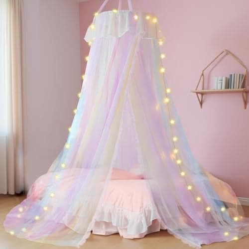 emopaw Pastel Bed Canopy with Lights for Girls | Double Layer Mesh Netting Princess's Birthday Gift Ruffle Lace Decor for Room Bed Canopy Netting Mosquito Net | Home Decor for Twin/Full/Queen/King
