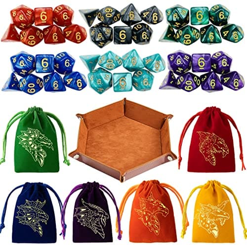 TOYFUL 6 Sets DND Dice Polyhedral Dungeons and Dragons Rolling Dice for RPG MTG Table Games with Free Six Drawstring Bags and PU Leather DD Dice Tray Single with Brown Tray