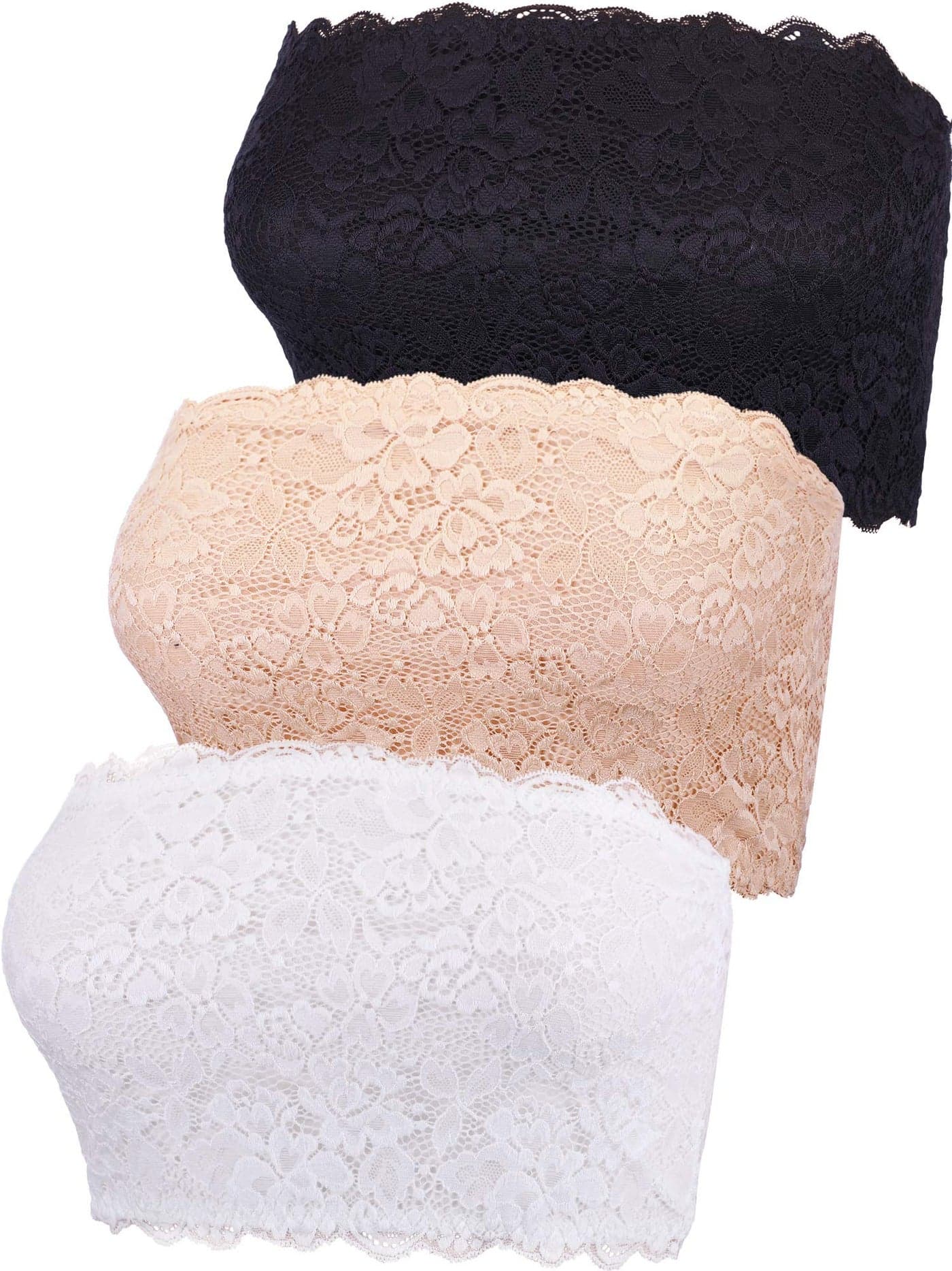 Boao 3 Pieces Women's Floral Lace Tube Top Bandeau Strapless Bras Seamless Stretchy Chest Wrap (Black, White, Beige,Medium)