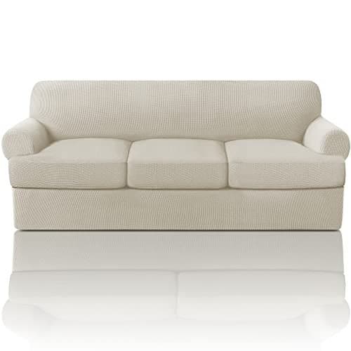 PrinceDeco T Cushion Sofa Slipcover 4 Pieces Sofa Covers for T Cushion Couch Soft Sofa Slip Covers Furniture Protector with 3 Individual T Shape Seat Covers (70"-88"), Island Fossi