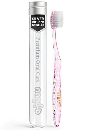 Nanob Manual Toothbrush for Adults with Sensitive Gums Silver SoftMedium Bristles Travel Case Pink