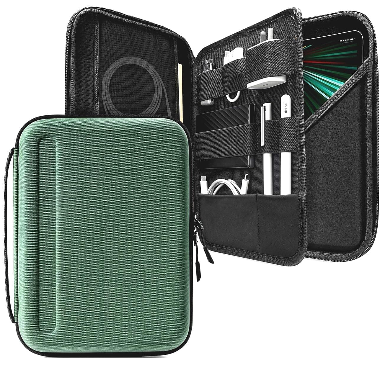 ProElite Hard Tablet sleeve Case upto 11.5" for iPad 9.7/10.2/10.9/Pro 11 /Lenovo/Galaxy Tab A9 Plus/S7/S8/S9/Realme Pad 2/Honor Pad X9/Mi pad 7/Redmi Pad/Nokia T21 Accessories compartment, Dark Green