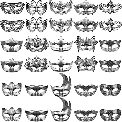 Yunsailing 30 Pieces Masquerade Mask Antique Masks with Straps for Halloween Women Men Mardi Gras Venetian Ball Party(Silver)