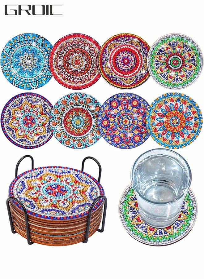 8 Pcs Diamond Painting Coasters with Holder, Mandala Coasters DIY Diamond Art Crafts,Small Diamond Painting Kits Accessories,DIY Handmade Art
