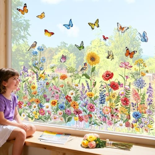 decalmile Spring Summer Garden Flower Double Sided Window Clings Wildflower Butterfly Plants Anti-Collision Glass Doors Window Stickers Decals