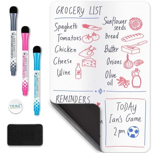 YES4QUALITY Magnetic Dry Erase White Board Sheet for Fridge 12x8 in, with Stain Resistant Technology, Includes 3 Markers and Big Eraser with Magnets, Small Refrigerator Whiteboard Planner