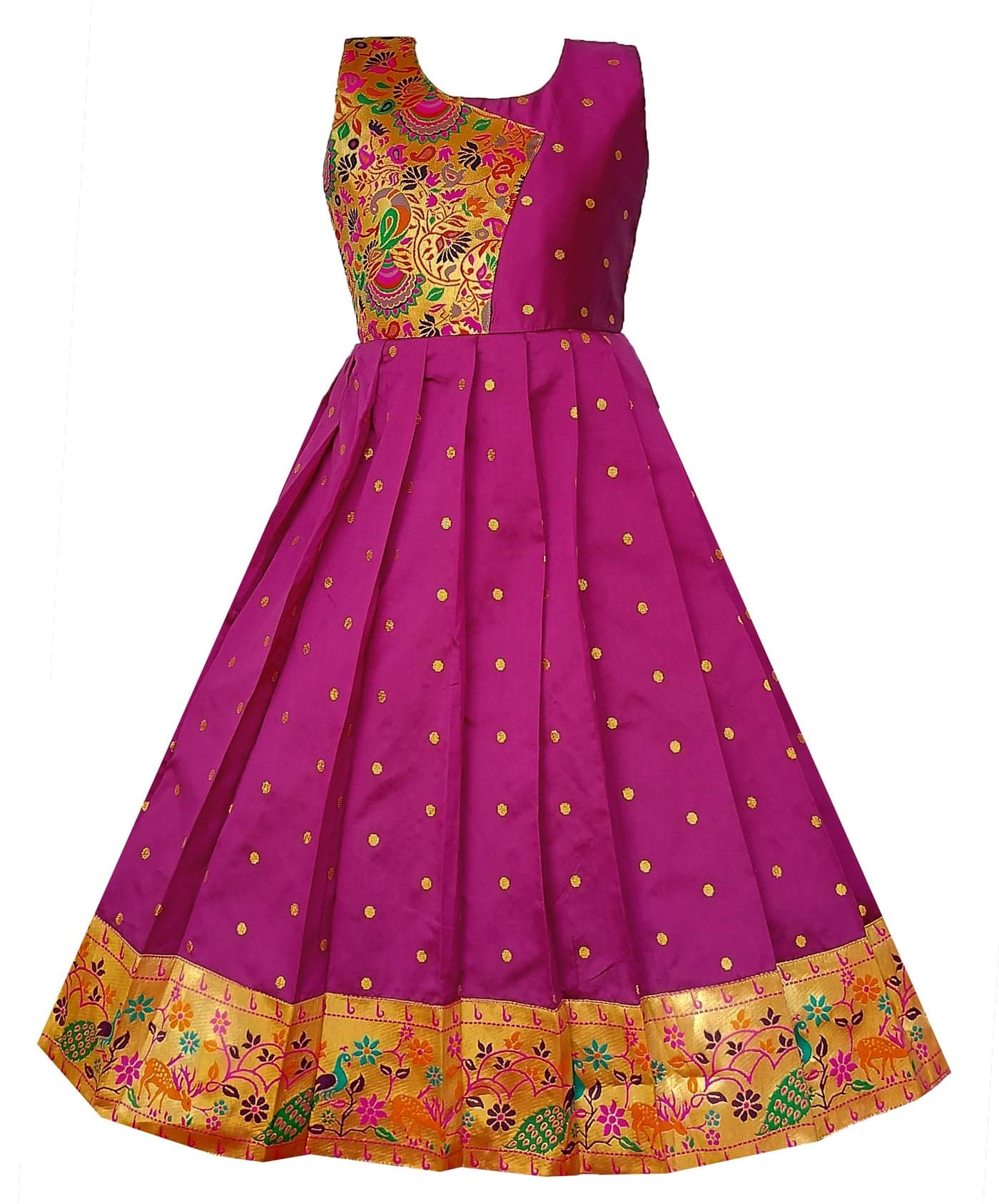 My Lil Princess Girls' Frockes Kids Purple Paithani Slits Frock Dress for Baby Girls_22_4-5 Years