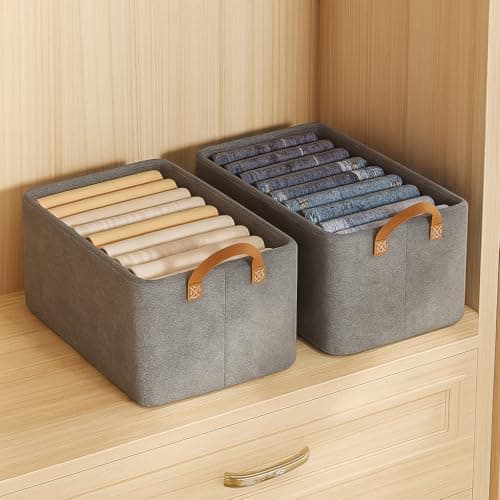 JD FRESH 2 Pcs of Large Foldable Storage Box and Organiser with Metal Frame/Woven Fabric Clothes Organiser with Handle/Wardrobe Organizer for Storage/Almirah Organizer for Shirts/Jeans/Sweater (Grey)