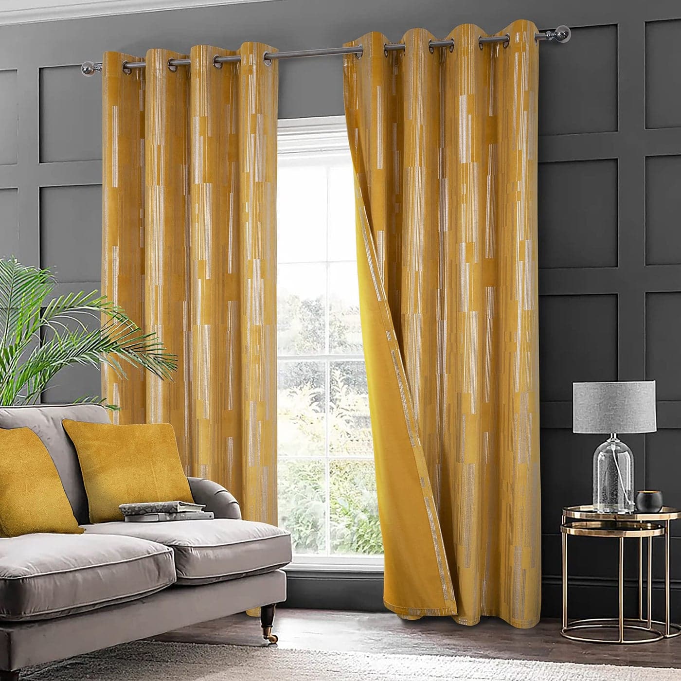 always4u Yellow Soft Velvet Curtains for Living Room Bedroom Luxury Foil Print Grommet Curtains 108 Inches Long Silver Foil Print Window Curtains Set of 2