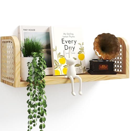 LUPWNEKA 17 Inch Rattan Wall Shelf Wooden Hanging Bookshelf Storage Natural Cute Nursery Shelves Wall Mounted Boho Decorative Floating Shelves for Kids Room Living Room Play Room Bedroom