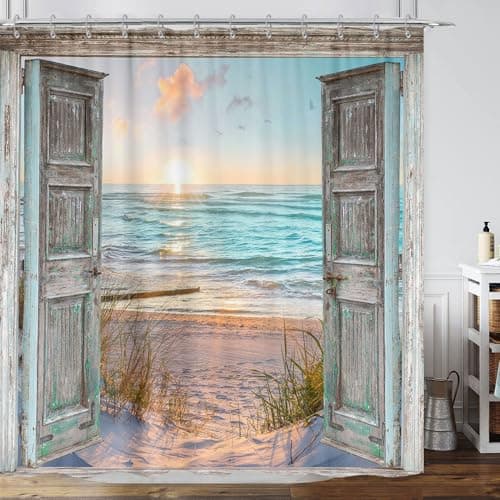 Boho Beach Coastal Shower Curtain Teal Ocean Sunrise Seaside Seascape Nautical Beachy Shower Curtain Set Rustic Barn Door Seashore Fabric Shower Curtain for Bathroom 12 Hooks 7272 Turquoise