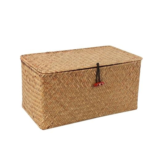 Moosky Wicker Shelf Baskets with Lid,Natural Seagrass Storage Basket Boxes Handwoven Rectangular Baskets Bins Multipurpose Home Organizer Decor (Medium)