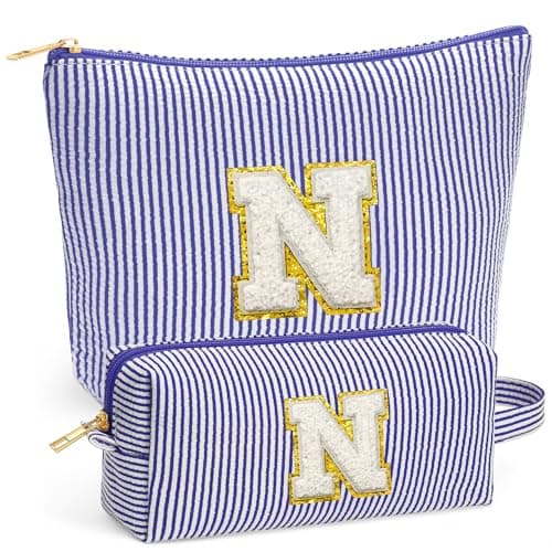 Fohufo Initial Travel Toiletry Bag for Women Travel Essentials Travel Makeup Bag Small Cosmetic Make up Bag Cute Stuff Birthday Gifts for Women Mom Girlfriend Teacher Blue Letter N