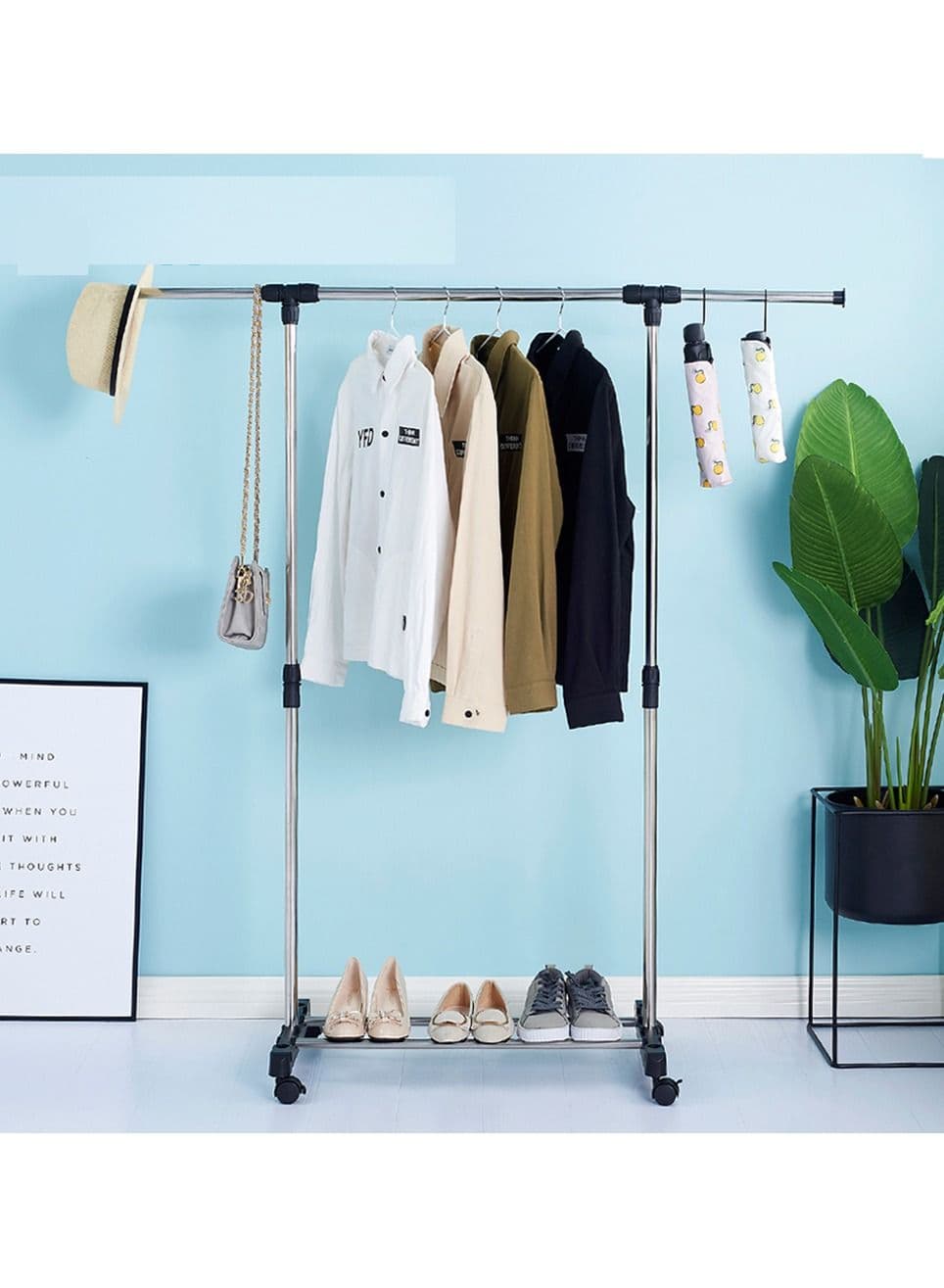 Adjustable Rolling Steel Cloth Hanger Organizer Garment Rack Heavy Duty Rail with Wheel Clothes Storage