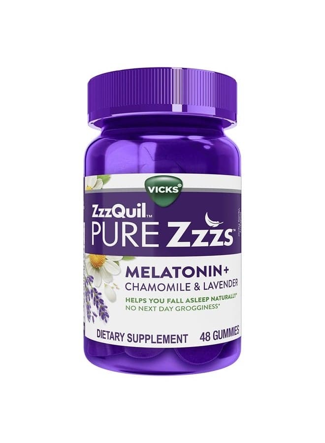PURE Zzzs, Melatonin Sleep Aid Gummies with Lavender, Valerian Root and Chamomile, Natural Wildberry Vanilla Flavor, Non-Habit Forming, Drug-Free, 48 Count