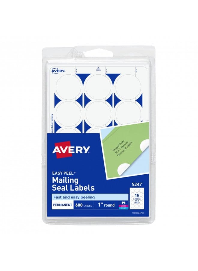 Avery Mailing Seals, 1" Round Labels, White, 600 Printable Mailing Labels (05247)