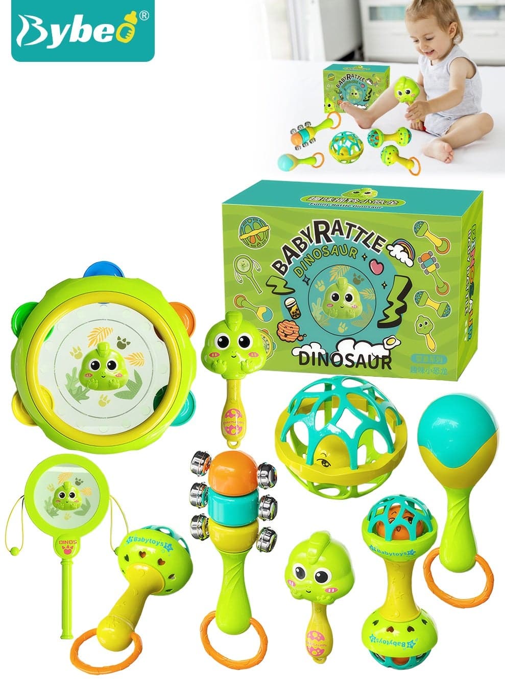 9PCS Baby Rattle Toy Set, Infant Teething Toys with Musical Drum Set, Baby Musical Toys, Newborn Sensory Toys Gifts, Early Educational Toy Set for 0-36 Months Boys Girls