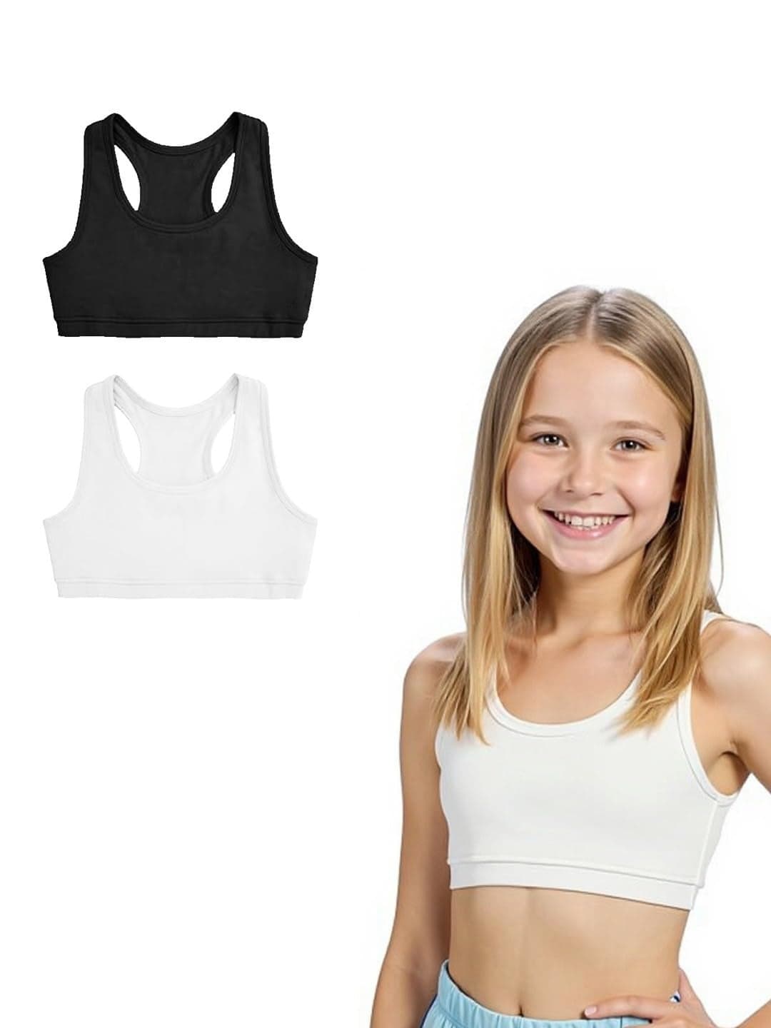 A.T.U.N. (ALL THINGS UBER NICE) Girls Cotton Sports Bra for Teen and Teenagers (Pack of 2) | Racerback Beginner Tshirt for Girls | Comfortable Training, Yoga & Workout Bra Black-White