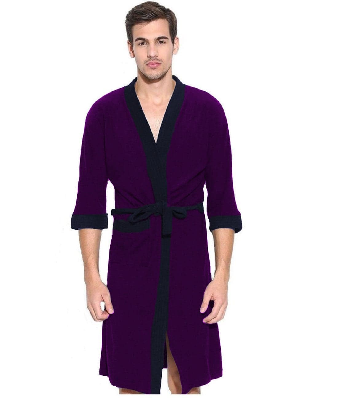 ELEVANTO Bathrobes For Mens Collection 34 Sleeve Soft Terry Cotton Bathrobe Free SizePURPLENAVY