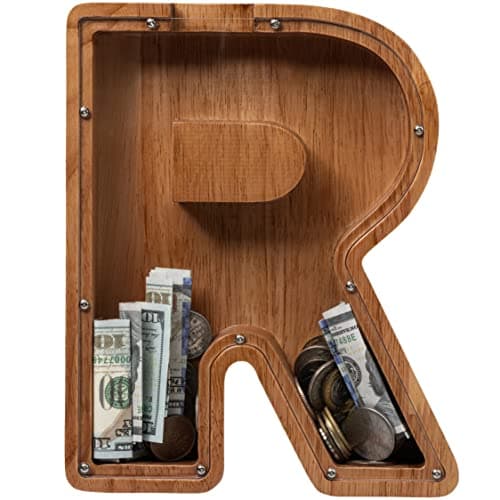 ladenk 12 Inch Extra Large Wooden Kids Letter Piggy Bank Piggy Bank for Boys Girls Initial R Bank Alphabet Money Bank for Birthday