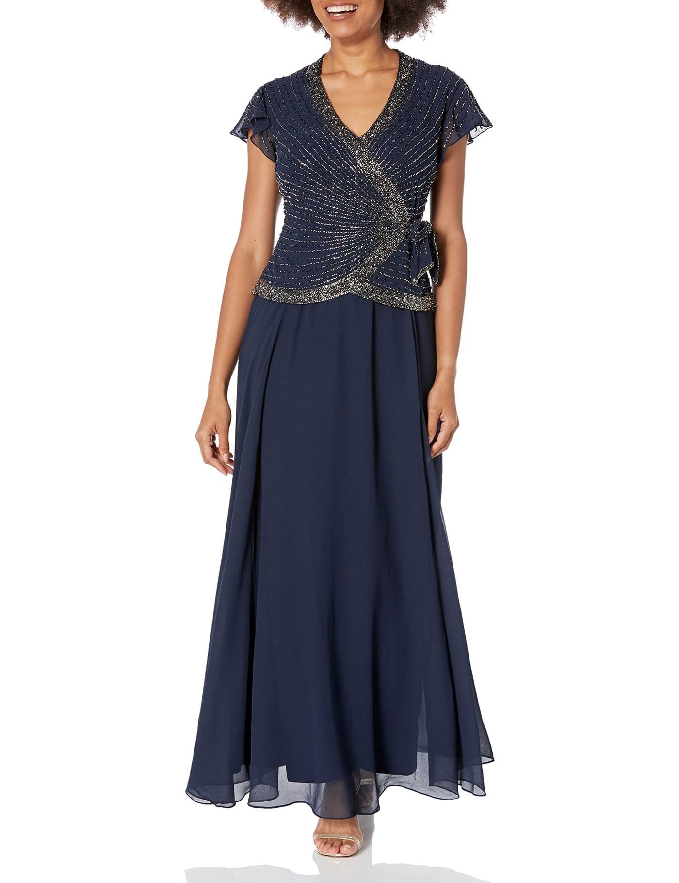 J Kara Women's Short Sleeve V Neck Faux Wrap Long Dress, Navy/Shades//Mercer, 14