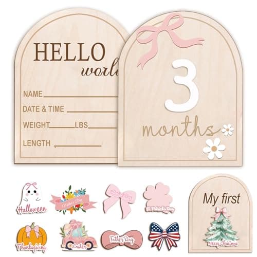 Monthly Baby Milestone Wooden Signs DoubleSided BowThemed Baby Milestone Discs with Hello World My First Holiday Designs Cute Baby Announcement Sign Photoshoot Props for Boys and Girls Bow