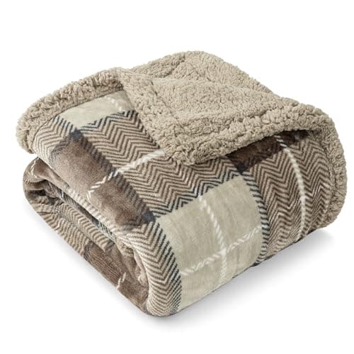 PAVILIA Taupe Plaid Sherpa Throw Blanket for Couch Twins, Soft Fuzzy Cabin Blanket and Throws, Warm Cozy Winter Gift Blanket, 60x80