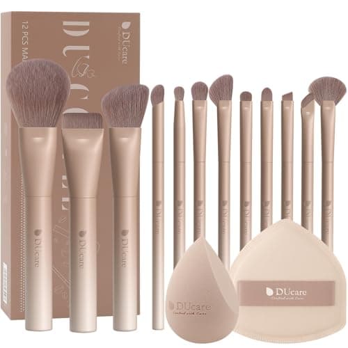 DUcare 14pcs Makeup Gift Set12Pcs Coffee Series Makeup Brush set with 2pcs Makeup Sponges Foundation Blending Face Powder Blush Eye Shadows Brushes