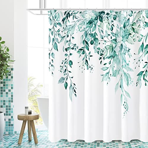 Gibelle Teal Eucalyptus Shower Curtain, Watercolor Plant Leaves with Floral Bathroom Shower Curtain Set with Hooks, 72x72
