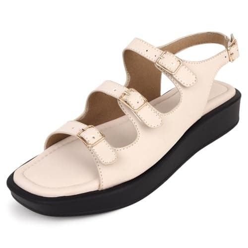 TRASE Strap Trend Comfortable Flat Sandals For Women - Women Footwear Stylish And Adjustable Double Strap Sandals For Daily Use (Cream, 5 UK)