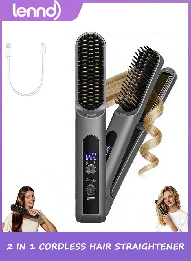 Cordless Hair Straightener Brush - Curler 2 in 1 Hair Styling Tools,Portable Rechargeable Battery-Powered for Travel with 4 Temperature Settings, Removable for Easy Cleaning