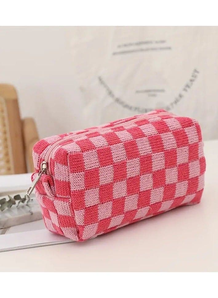 Checkered Kinitted Cosmetic Bag Makeup Pouch Roomy Zipper Pouch Portable Travel Toiletry Bag Organizer - Pinkling