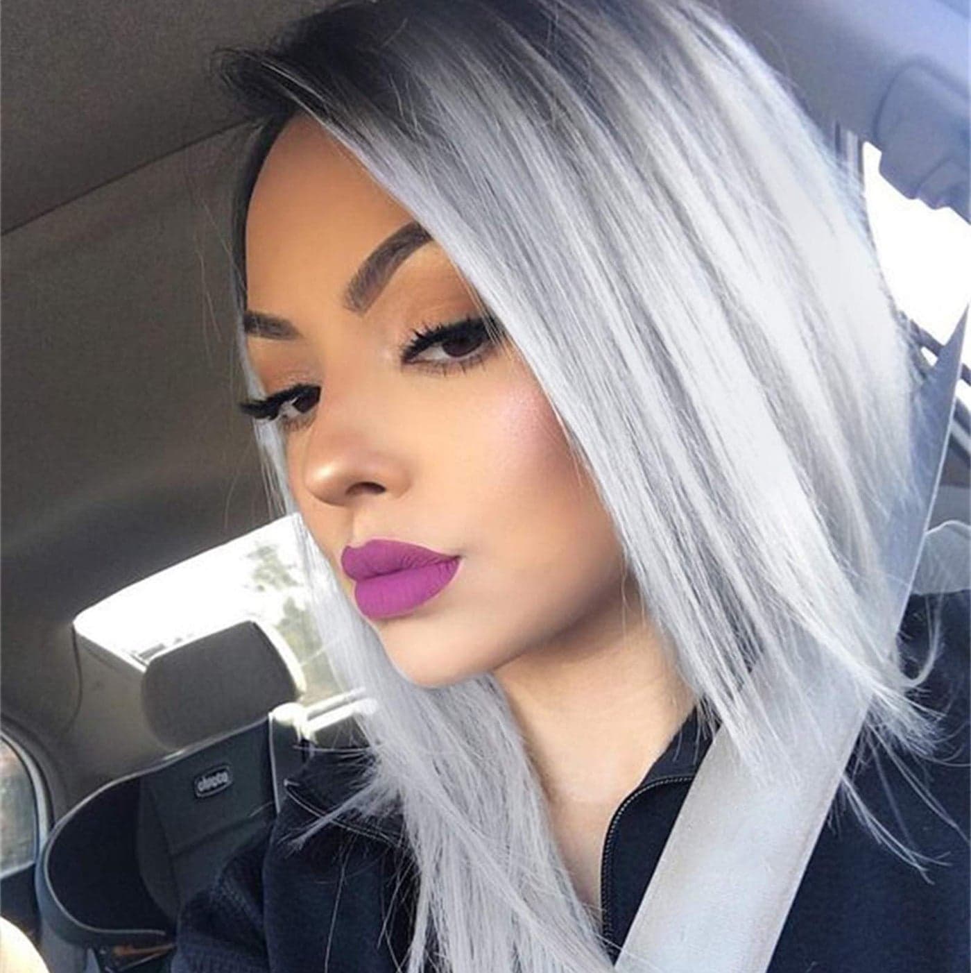 Quick Wig Ombre Wigs Grey Short Straight Bob Wig Black to Grey Middle Part Heat Resistant Fiber Synthetic Cosplay Party Wigs for Women 14 inches